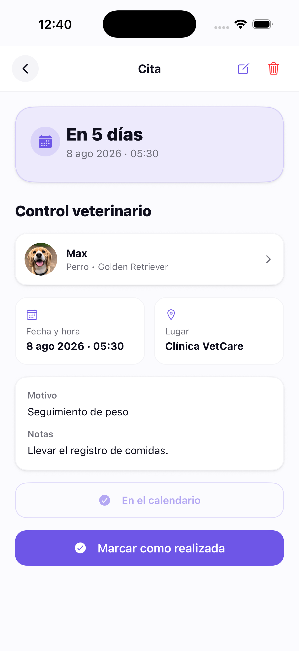 Captura de pantalla de Purrpify — Recordatorios
